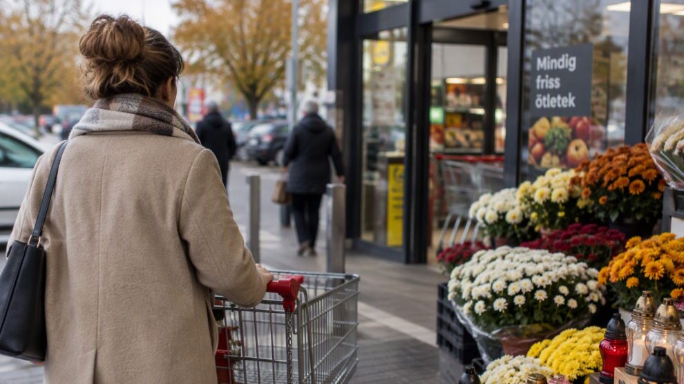 Őszi bevásárlás egy áruház bejáratánál, ahol a vásárló bevásárlókocsival halad el a kihelyezett krizantémok és mécsesek mellett. A jelenet a mindenszentek előtti készülődést és a november 1-jei ünnepi nyitvatartást idézi.