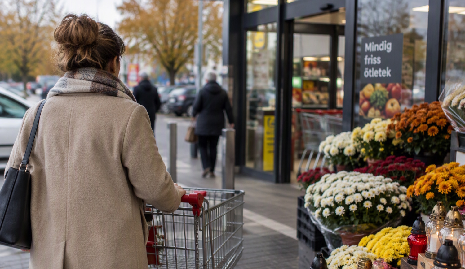 Őszi bevásárlás egy áruház bejáratánál, ahol a vásárló bevásárlókocsival halad el a kihelyezett krizantémok és mécsesek mellett. A jelenet a mindenszentek előtti készülődést és a november 1-jei ünnepi nyitvatartást idézi.