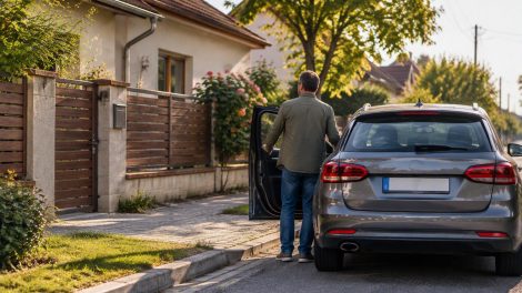 Egy autó az út szélén parkol egy családi ház előtt, mellette a sofőr éppen kiszáll a járműből. A kép a saját ház előtti parkolás és a KRESZ szabályainak kérdését illusztrálja.