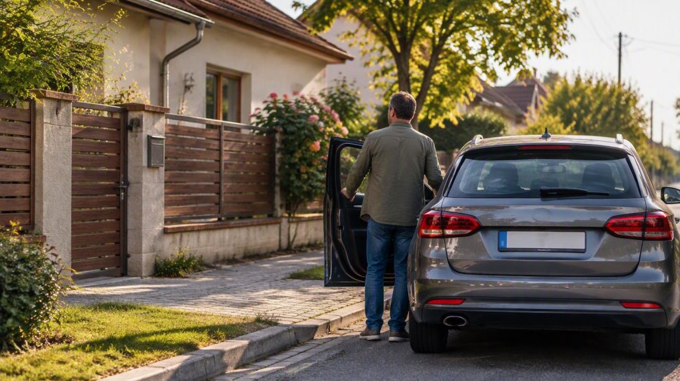 Egy autó az út szélén parkol egy családi ház előtt, mellette a sofőr éppen kiszáll a járműből. A kép a saját ház előtti parkolás és a KRESZ szabályainak kérdését illusztrálja.