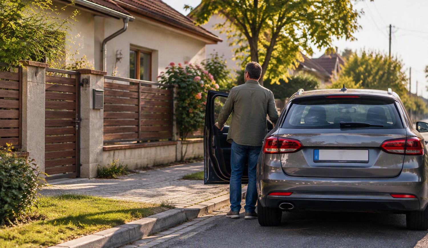 Egy autó az út szélén parkol egy családi ház előtt, mellette a sofőr éppen kiszáll a járműből. A kép a saját ház előtti parkolás és a KRESZ szabályainak kérdését illusztrálja.
