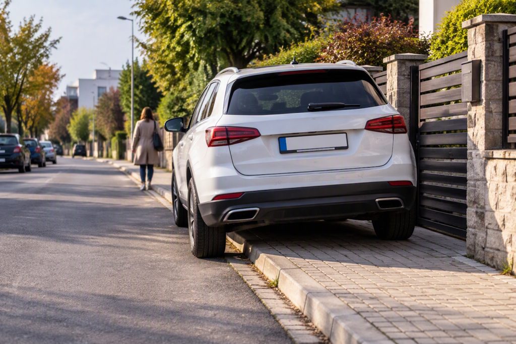 parkolas-jardan | Meglepetés Egy fehér autó félig a járdára felparkolva áll egy csendes, családi házas utcában. A kép a járdán történő parkolás és a szabálytalan várakozás kérdését illusztrálja.