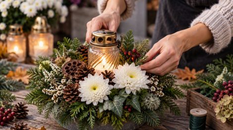 Saját készítésű mindenszenteki sírdísz fehér krizantémokkal, örökzöld ágakkal, borostyánnal, tobozokkal és mécsessel. A természetes alapanyagokból készülő dekorációt kézzel rendezik össze egy őszi hangulatú asztalon.