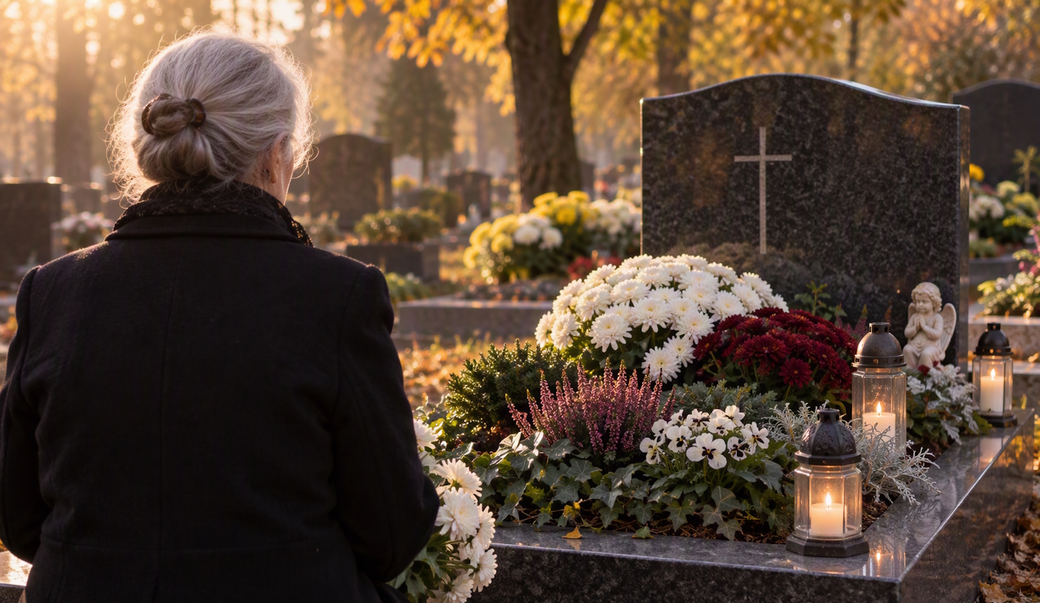 Őszi temetőben feketébe öltözött idős asszony áll egy gondosan beültetett sír előtt, amelyet virágok, örökzöld növények és mécsesek díszítenek.