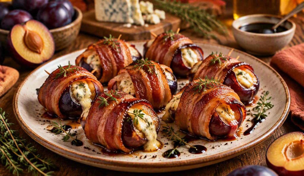 Baconbe tekert, sajttal töltött sült szilva