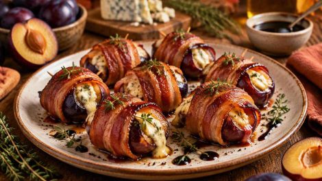 Baconbe tekert, sajttal töltött sült szilva