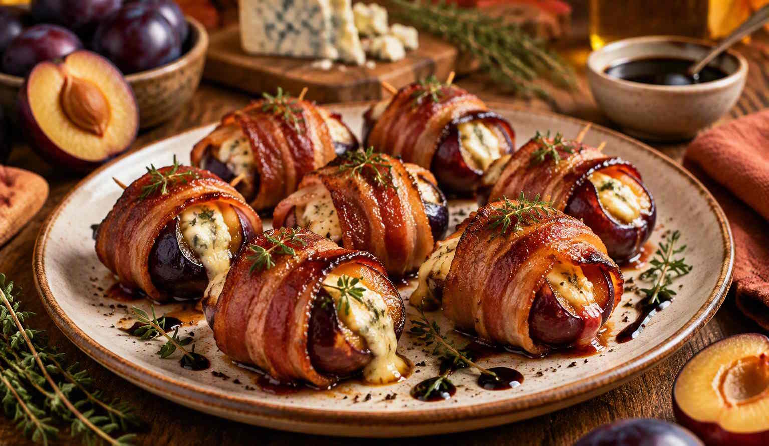 Baconbe tekert, sajttal töltött sült szilva